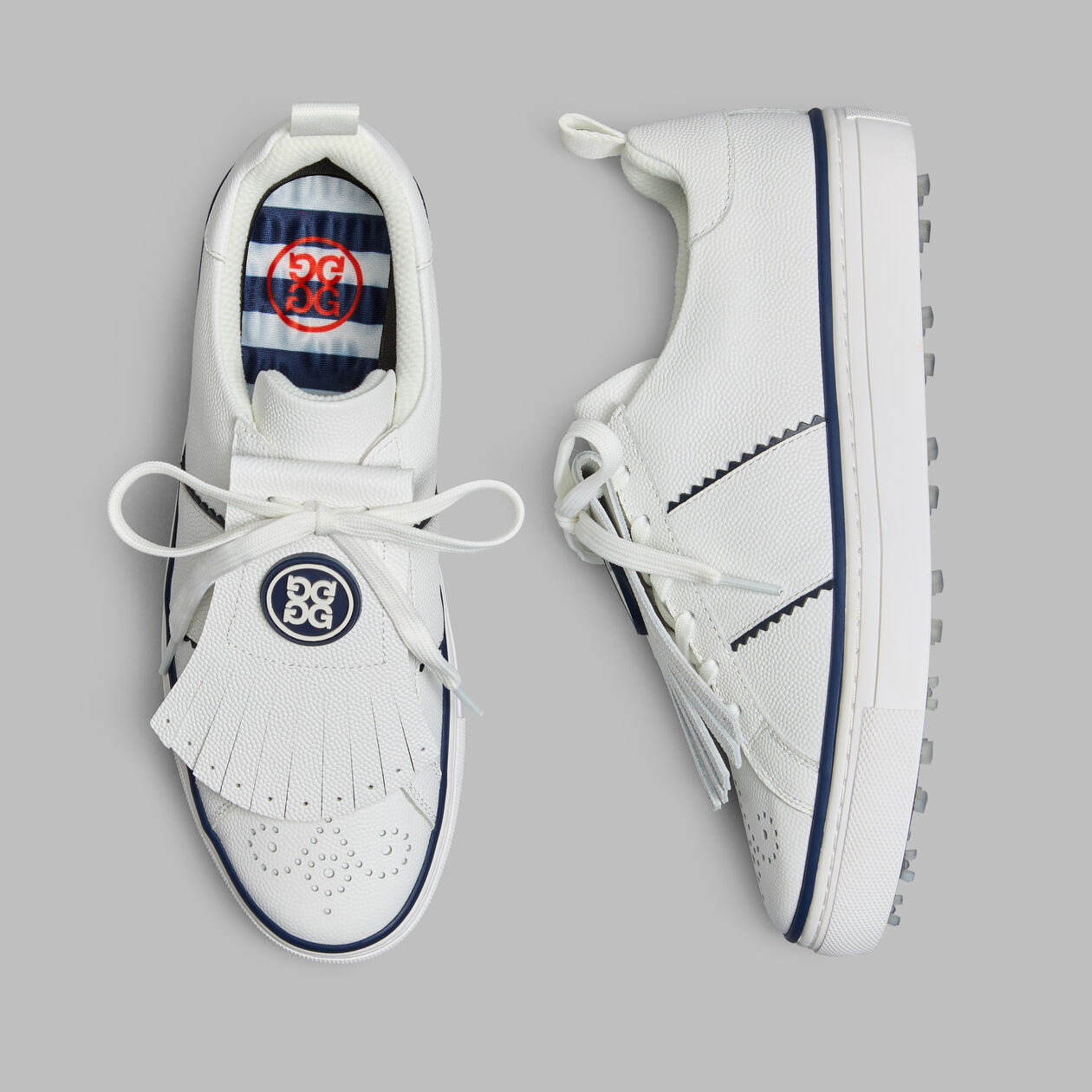 G/FORE WOMEN'S DURF SADDLE STRIPE LEATHER KILTIE -- SNOW/TWILIGHT